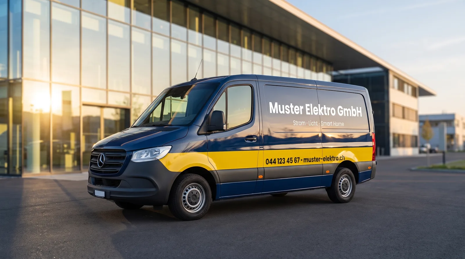 Beschrifteter Kastenwagen vor einem Geschäftsgebäude