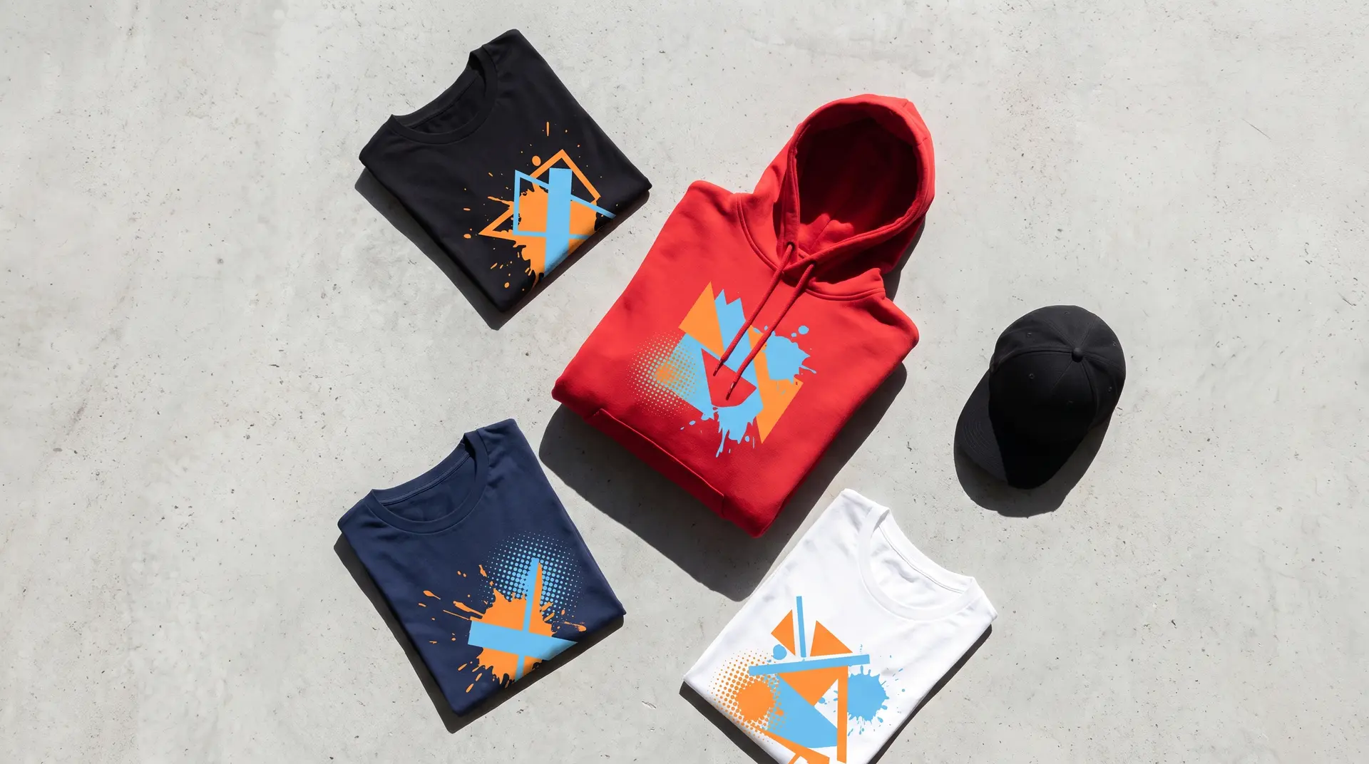 Bedruckte T-Shirts, Hoodie und Cap auf Beton